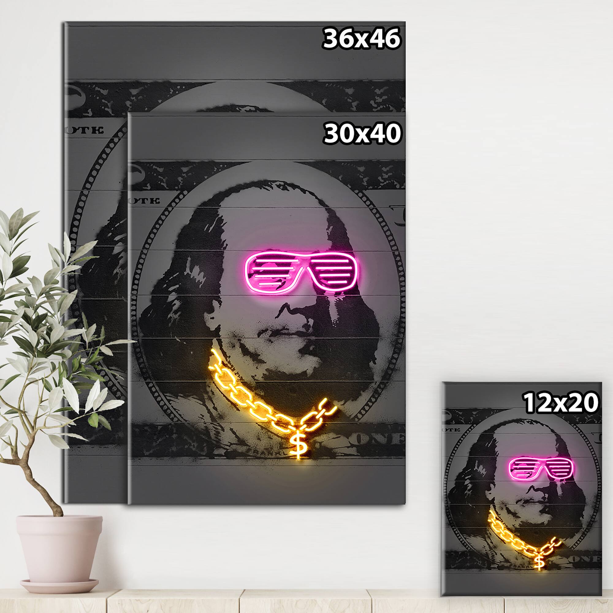 Designart - Benjamin Franklin Neon Rap - Modern & Contemporary Canvas Artwork